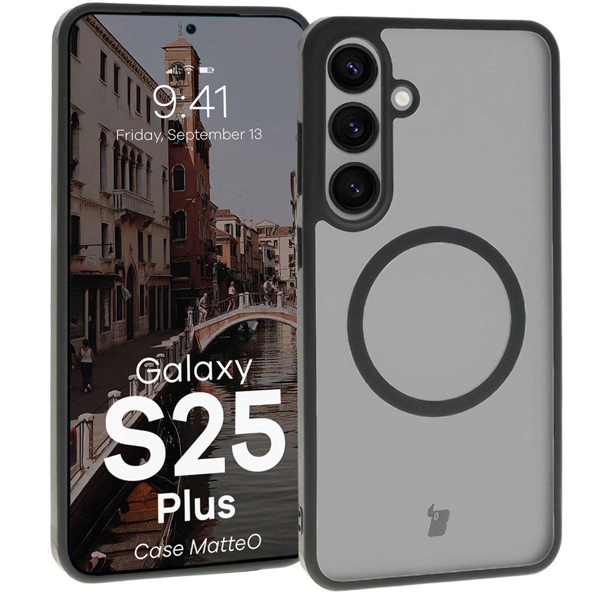 Handyhülle mit Magnetring für Galaxy S25 Plus, Bizon Case MatteO, Semitransparent mit schwarzem Rand
