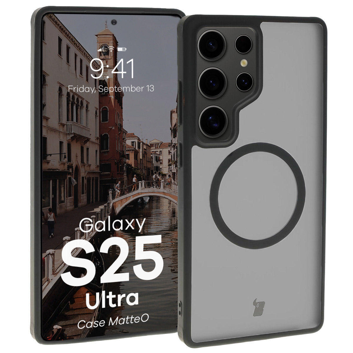 Handyhülle mit Magnetring für Galaxy S25 Ultra, Bizon Case MatteO, Semitransparent mit schwarzem Rand