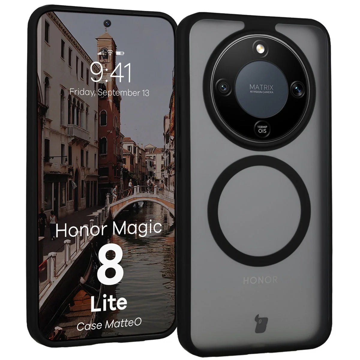 Handyhülle mit Magnetring für Honor Magic8 Lite, Bizon Case MatteO, Getönt-Schwarz