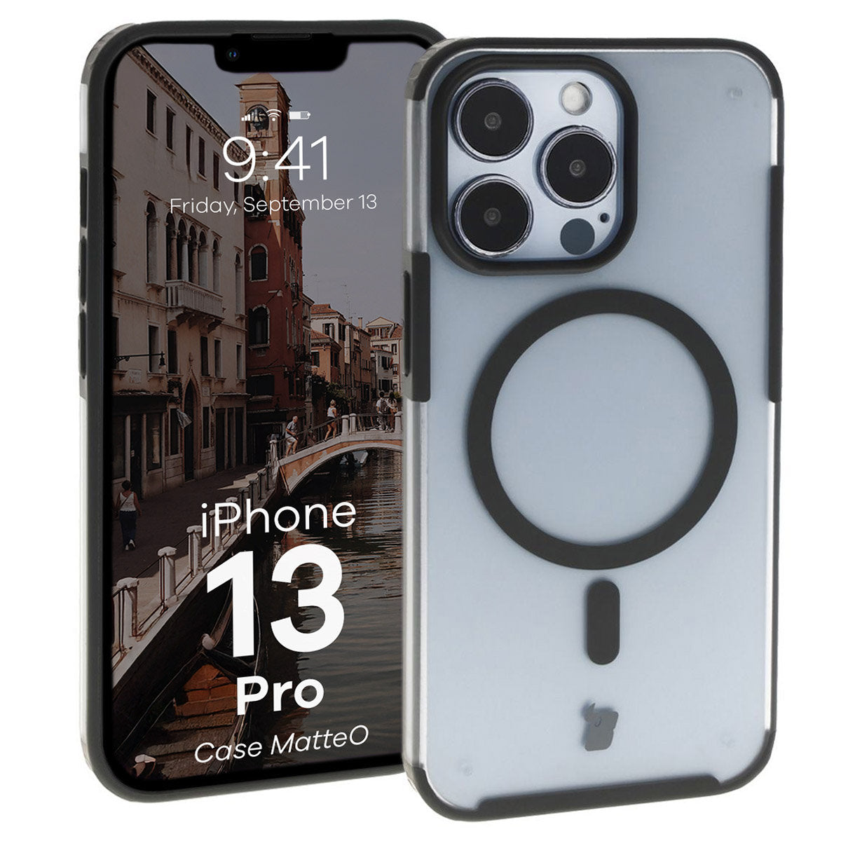 Handyhülle mit Magnetring für iPhone 13 Pro, Bizon Case MatteO, Semitransparent mit schwarzem Rand