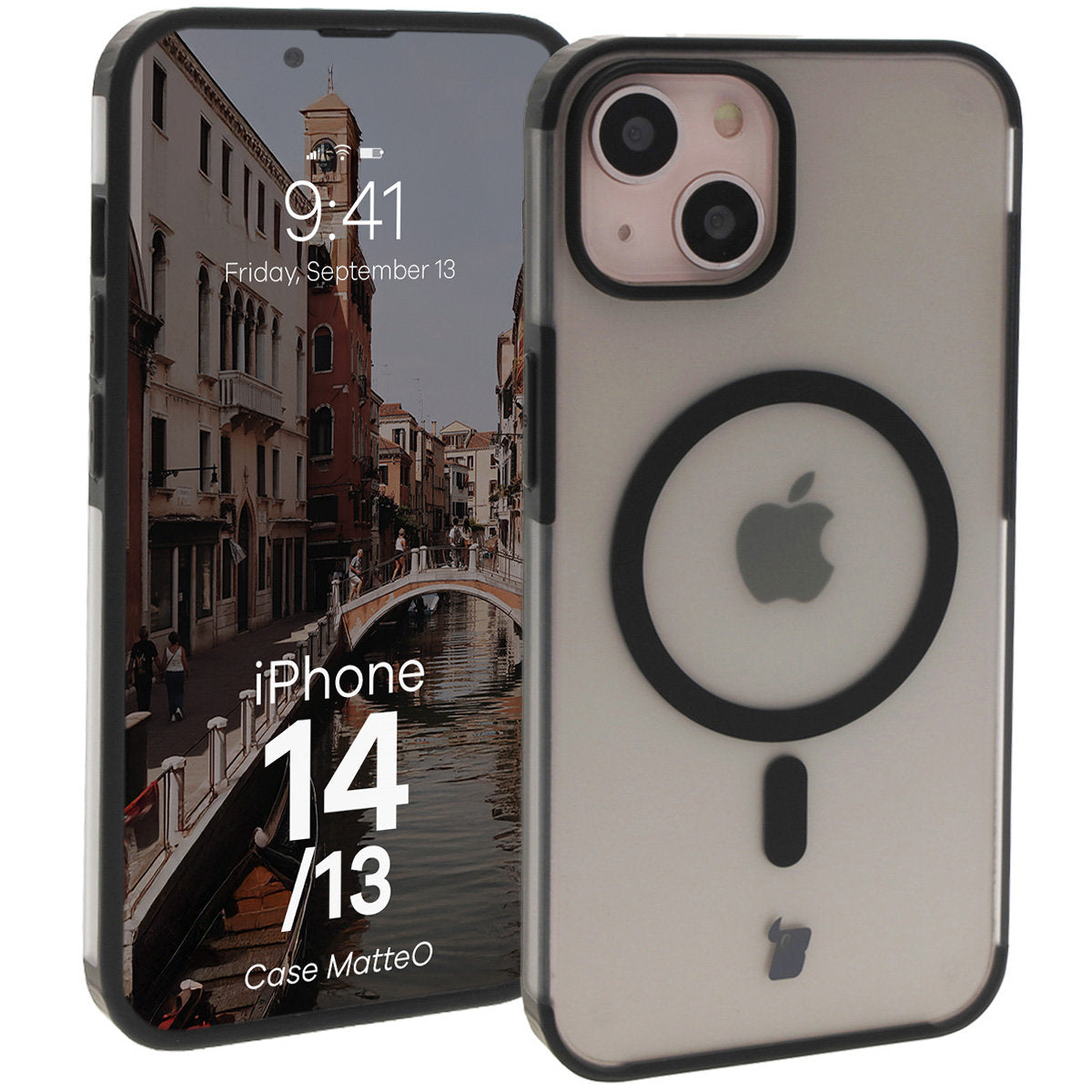 Handyhülle mit Magnetring für iPhone 14 / Phone 13, Bizon Case MatteO, Semitransparent mit schwarzem Rand