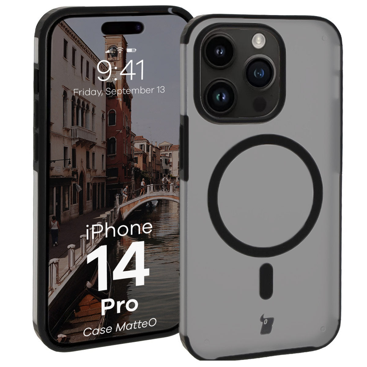 Handyhülle mit Magnetring für iPhone 14 Pro, Bizon Case MatteO, Semitransparent mit schwarzem Rand