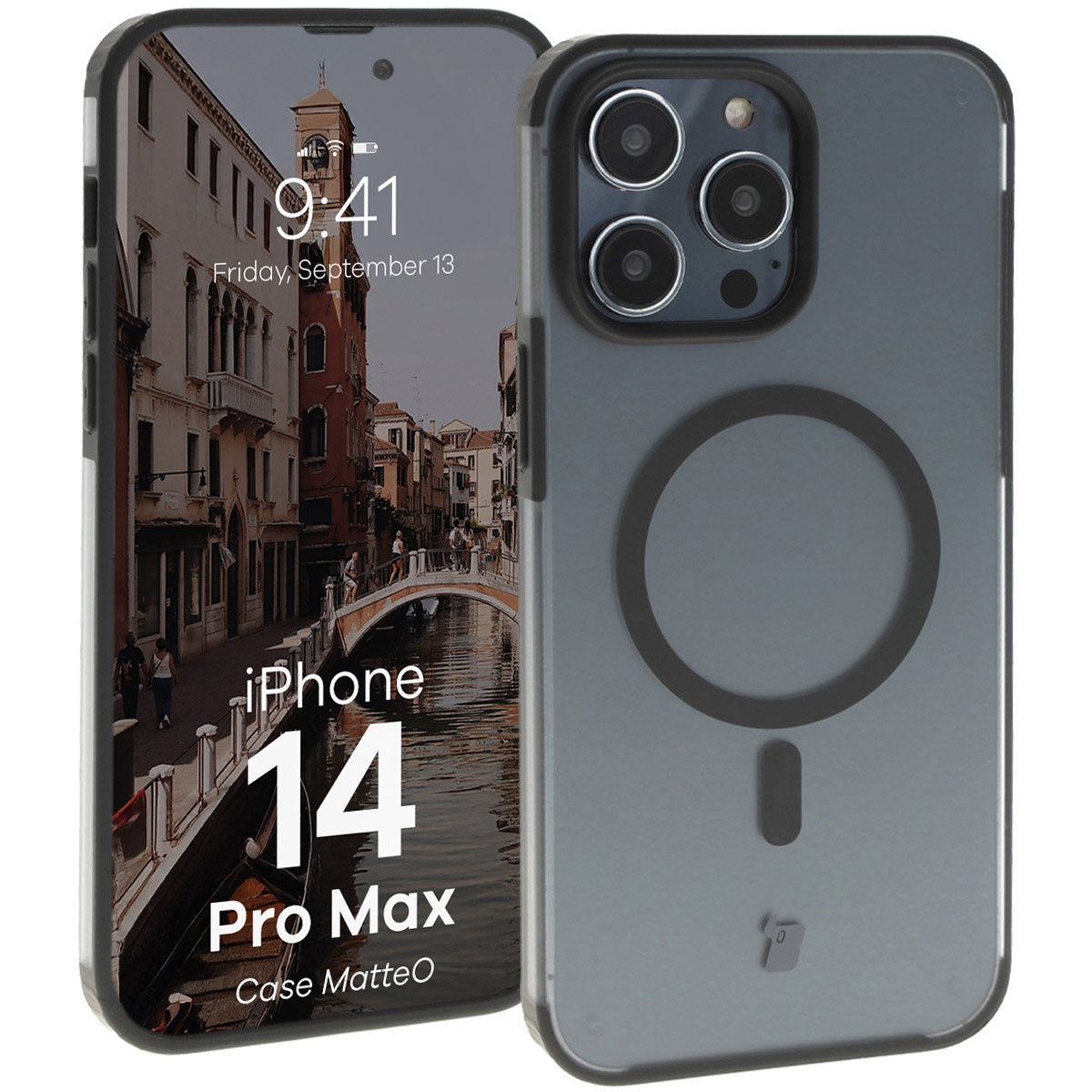 Handyhülle mit Magnetring für iPhone 14 Pro Max, Bizon Case MatteO, Semitransparent mit schwarzem Rand
