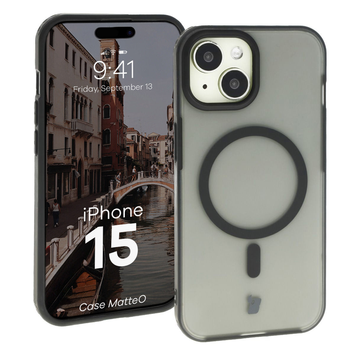 Handyhülle mit Magnetring für iPhone 15, Bizon Case MatteO, Semitransparent mit schwarzem Rand