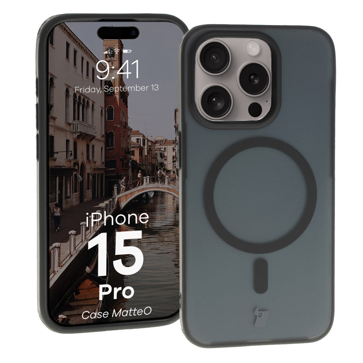 Handyhülle mit Magnetring für iPhone 15 Pro, Bizon Case MatteO, Semitransparent mit schwarzem Rand