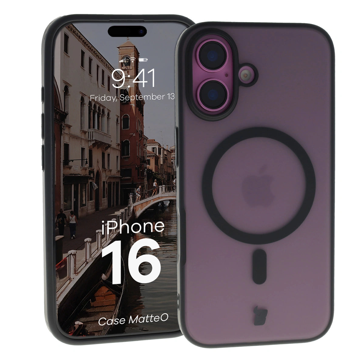 Handyhülle mit Magnetring für iPhone 16, Bizon Case MatteO, Semitransparent mit schwarzem Rand