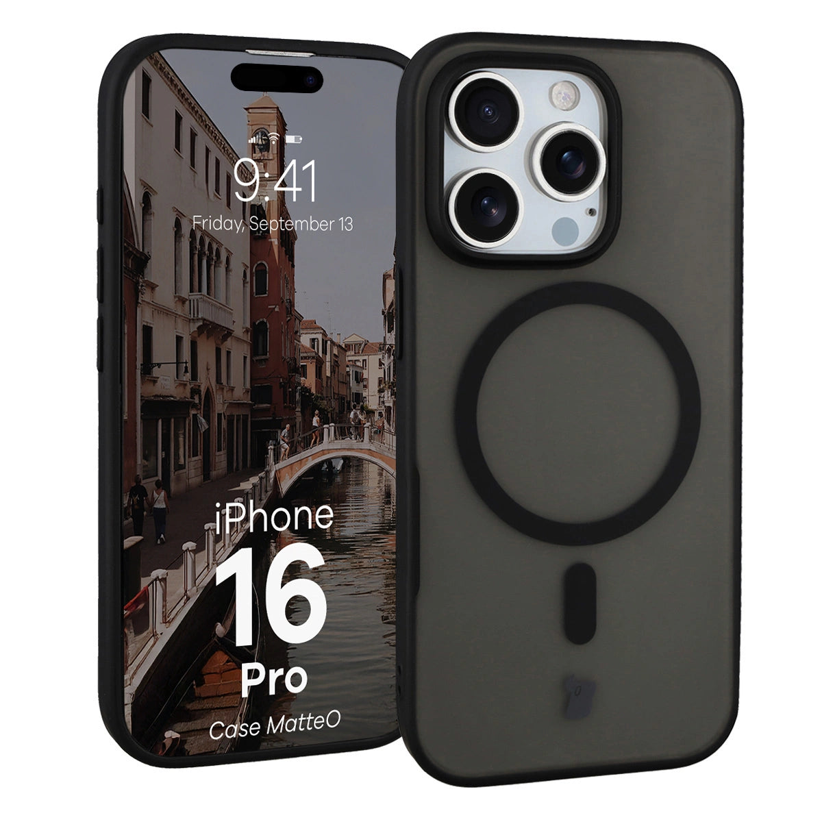 Handyhülle mit Magnetring für iPhone 16 Pro, Bizon Case MatteO, Semitransparent mit schwarzem Rand