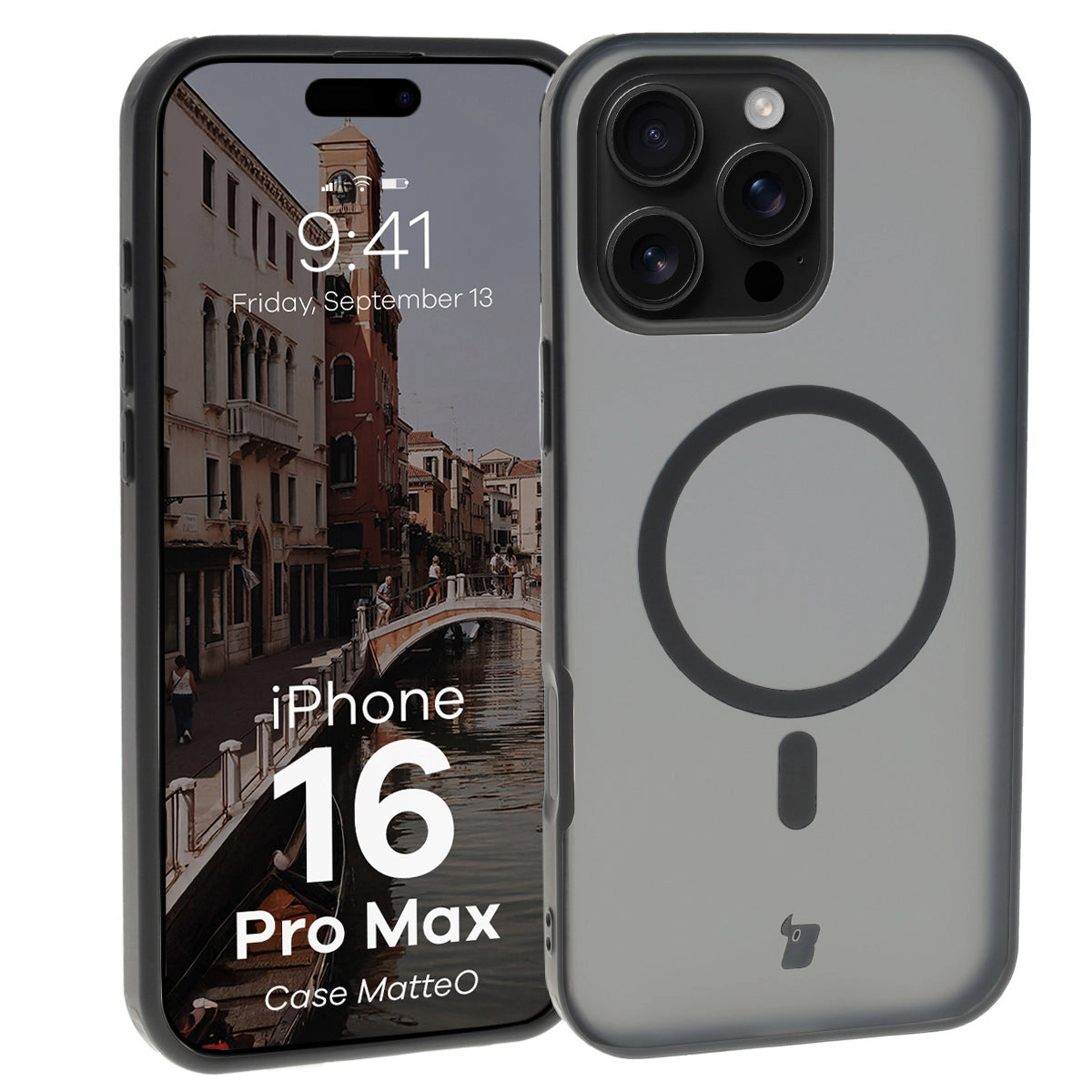 Handyhülle mit Magnetring für iPhone 16 Pro Max, Bizon Case MatteO, Semitransparent mit schwarzem Rand