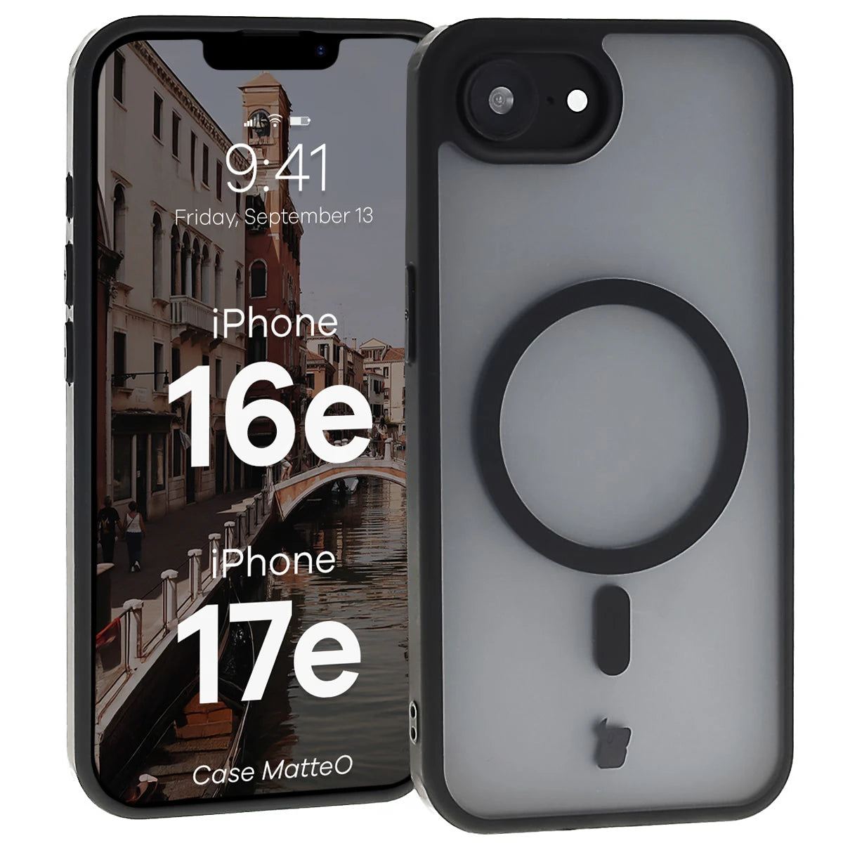 Handyhülle mit Magnetring für iPhone 17e / 16e, Bizon Case MatteO, Semitransparent mit schwarzem Rand