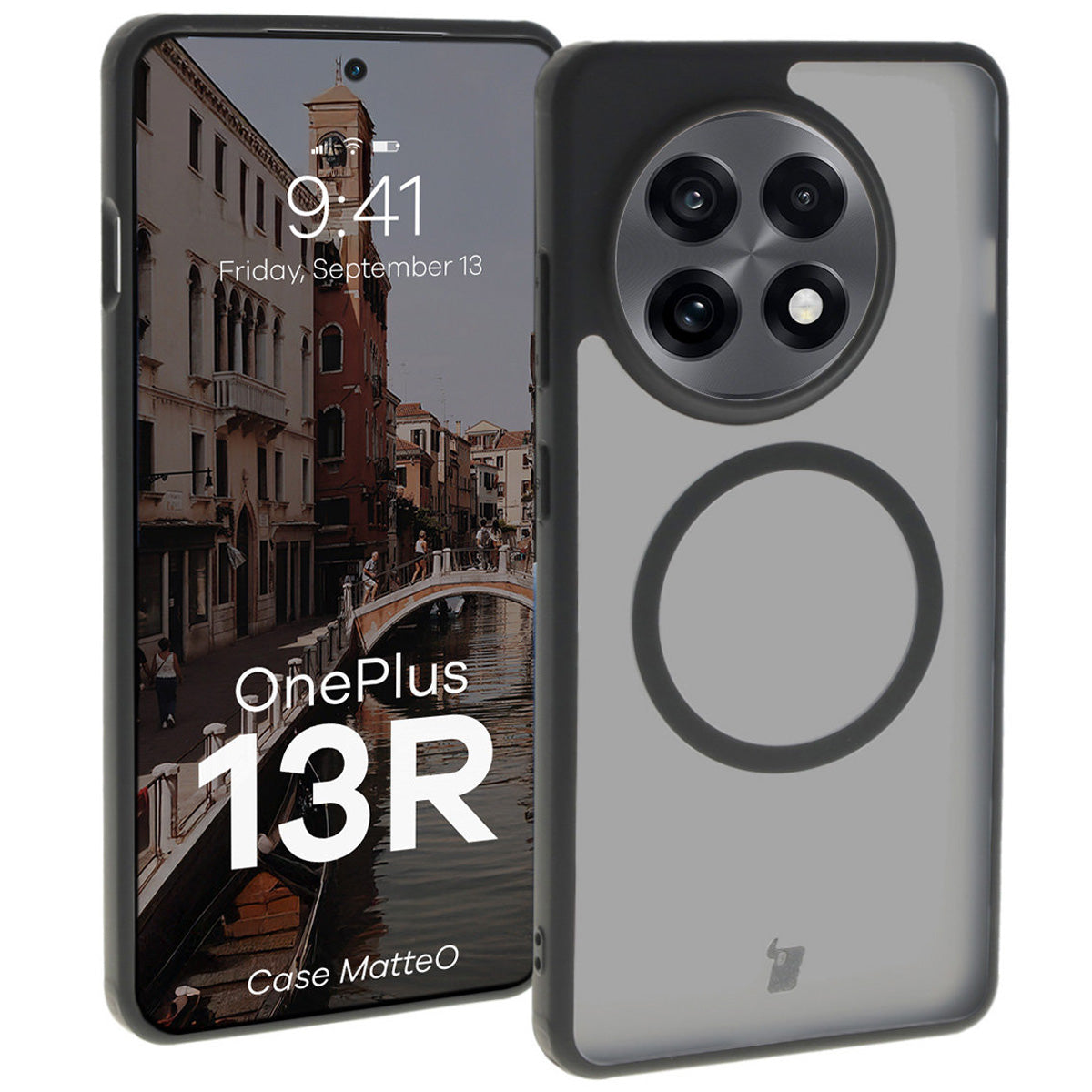 Handyhülle mit Magnetring für OnePlus 13R, Bizon Case MatteO, Semitransparent mit schwarzem Rand