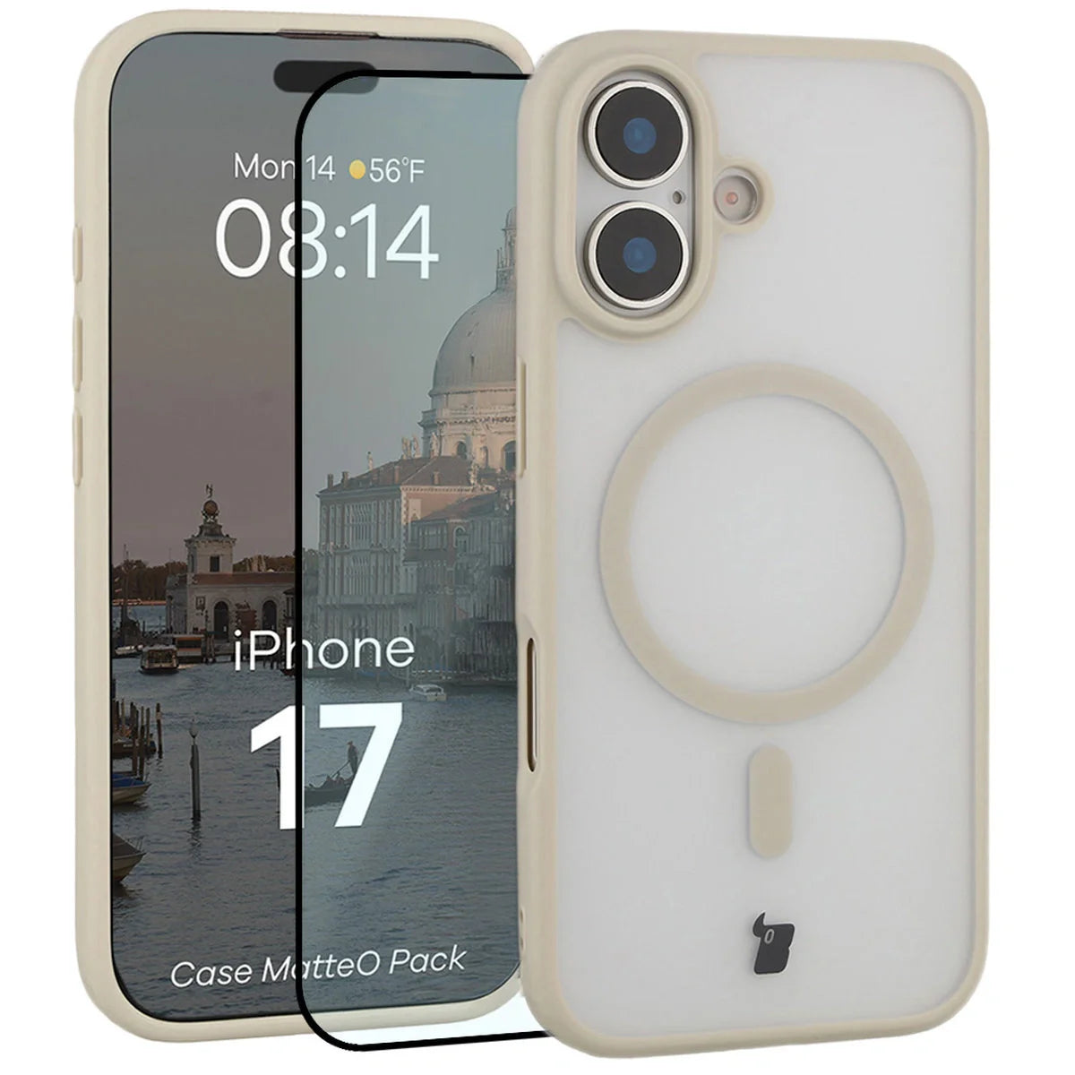 Schutzhülle mit Magnetring + gehärtetem Glas für iPhone 17, Bizon MatteO Pack, Getönt-Beige