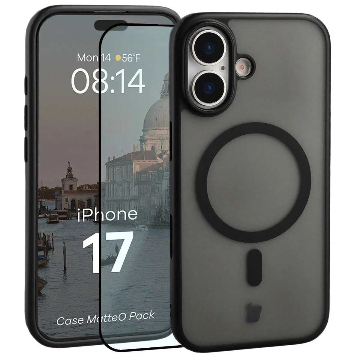 Schutzhülle mit Magnetring + gehärtetem Glas für iPhone 17, Bizon MatteO Pack, Getönt-Schwarz