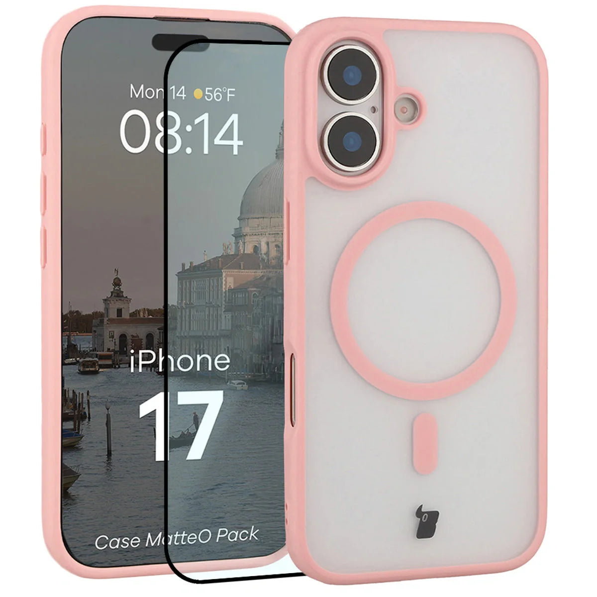 Schutzhülle mit Magnetring + gehärtetem Glas für iPhone 17, Bizon MatteO Pack, Getönt-Hellrosa