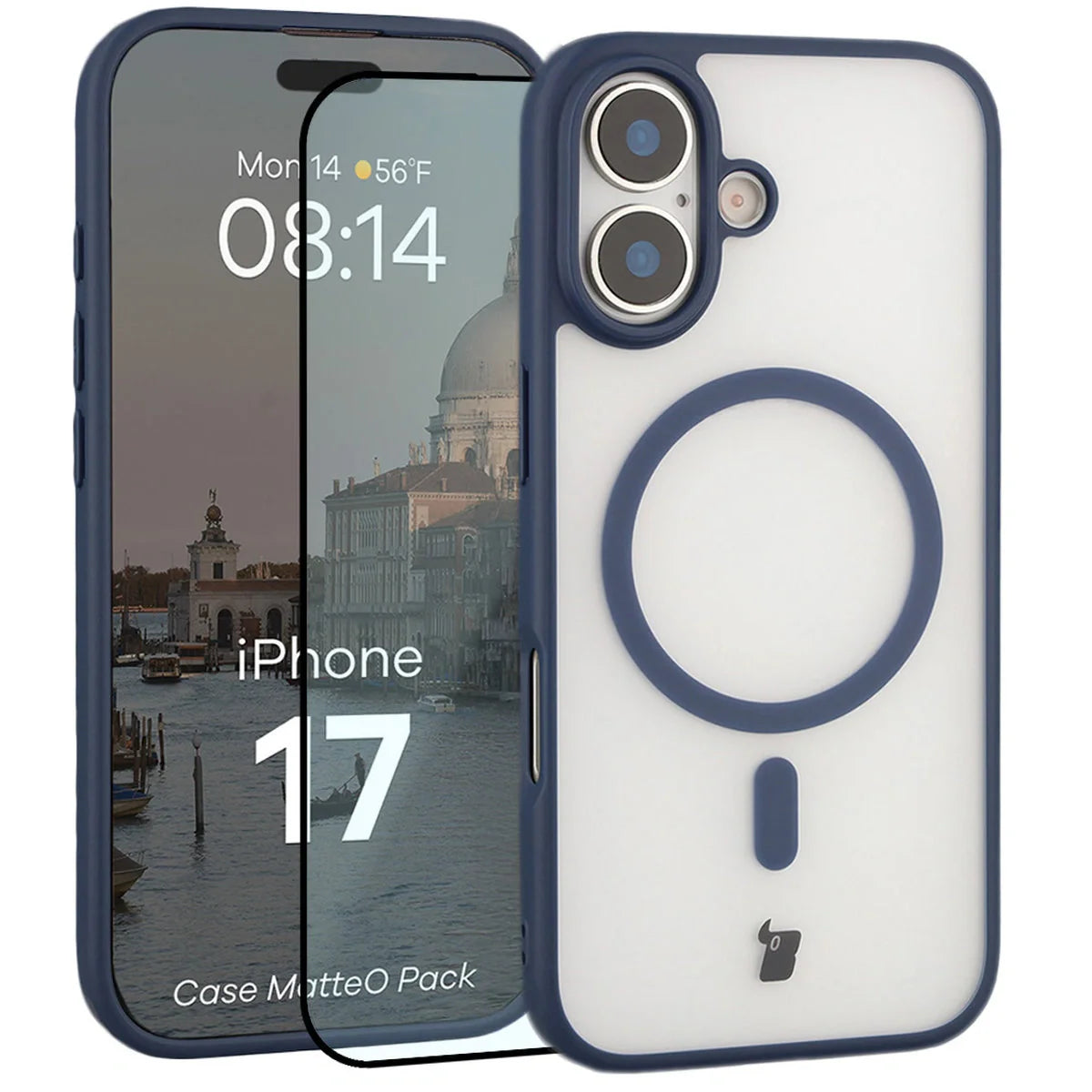 Schutzhülle mit Magnetring + gehärtetem Glas für iPhone 17, Bizon MatteO Pack, Getönt-Dunkelblau