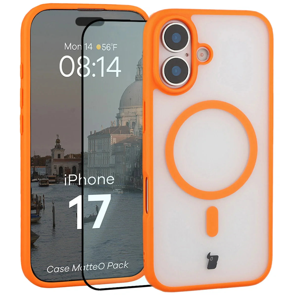 Schutzhülle mit Magnetring + gehärtetem Glas für iPhone 17, Bizon MatteO Pack, Getönt-Orange