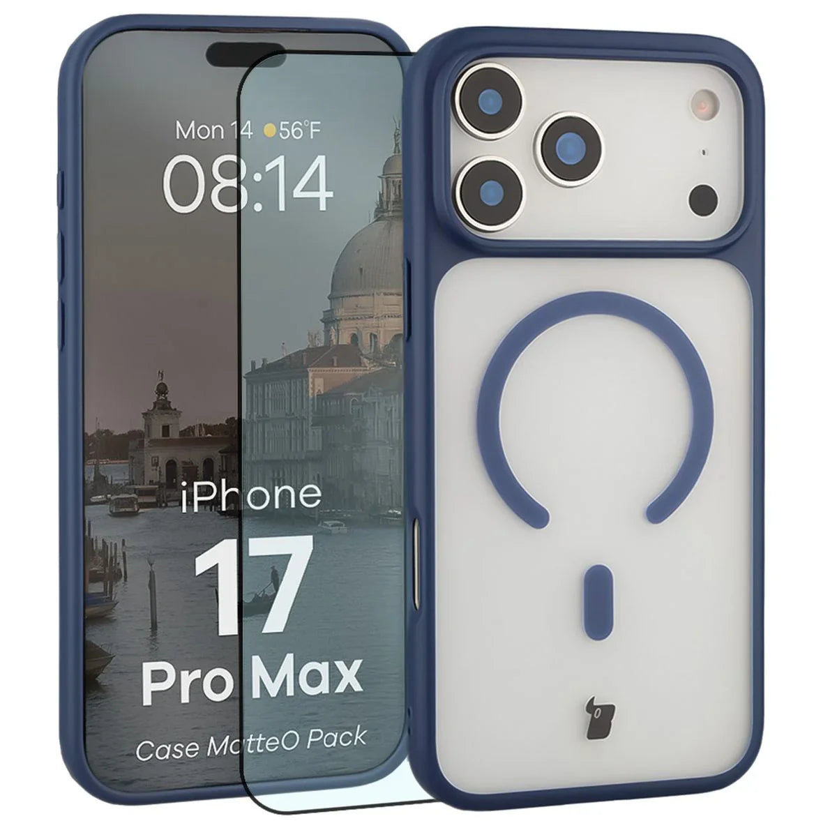 Schutzhülle mit Magnetring + gehärtetem Glas für iPhone 17 Pro Max, Bizon MatteO Pack, Getönt-Dunkelblau