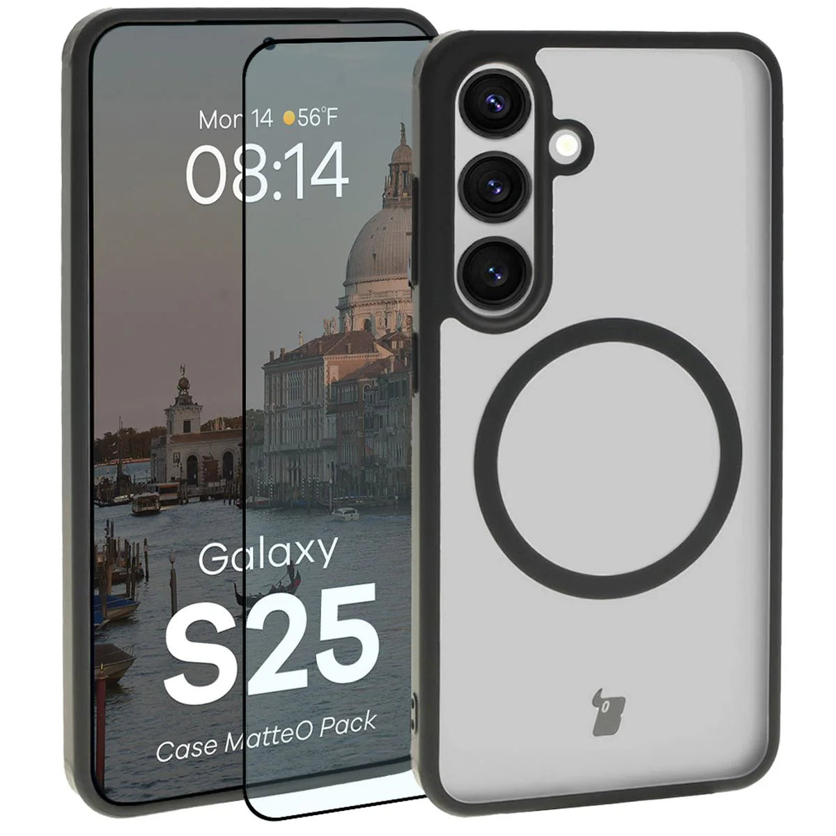 Schutzhülle mit Magnetring + gehärtetem Glas für Galaxy S25, Bizon MatteO Pack, Getönt-Schwarz