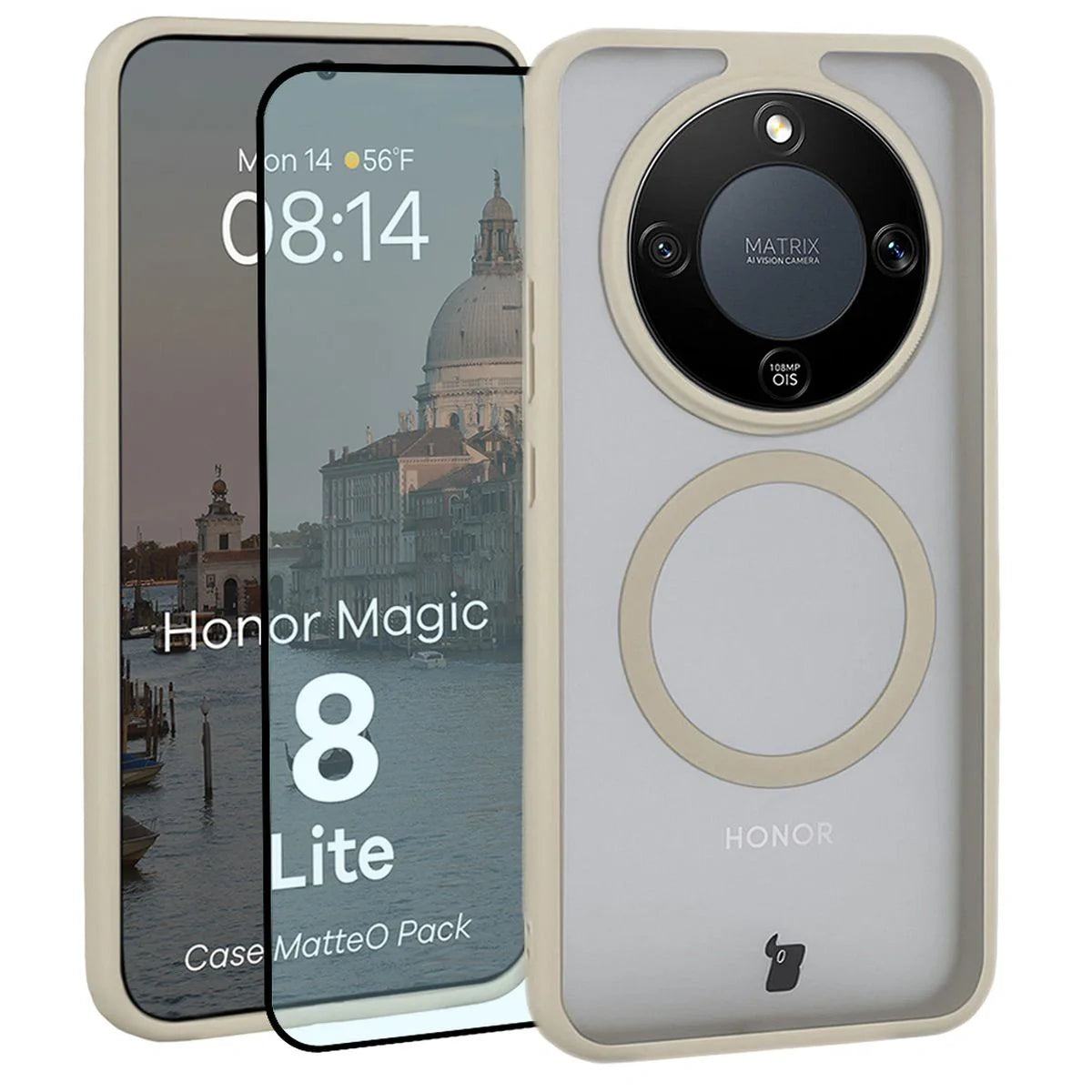 Schutzhülle mit Magnetring + gehärtetem Glas für Honor Magic8 Lite, Bizon MatteO Pack, Getönt-Beige