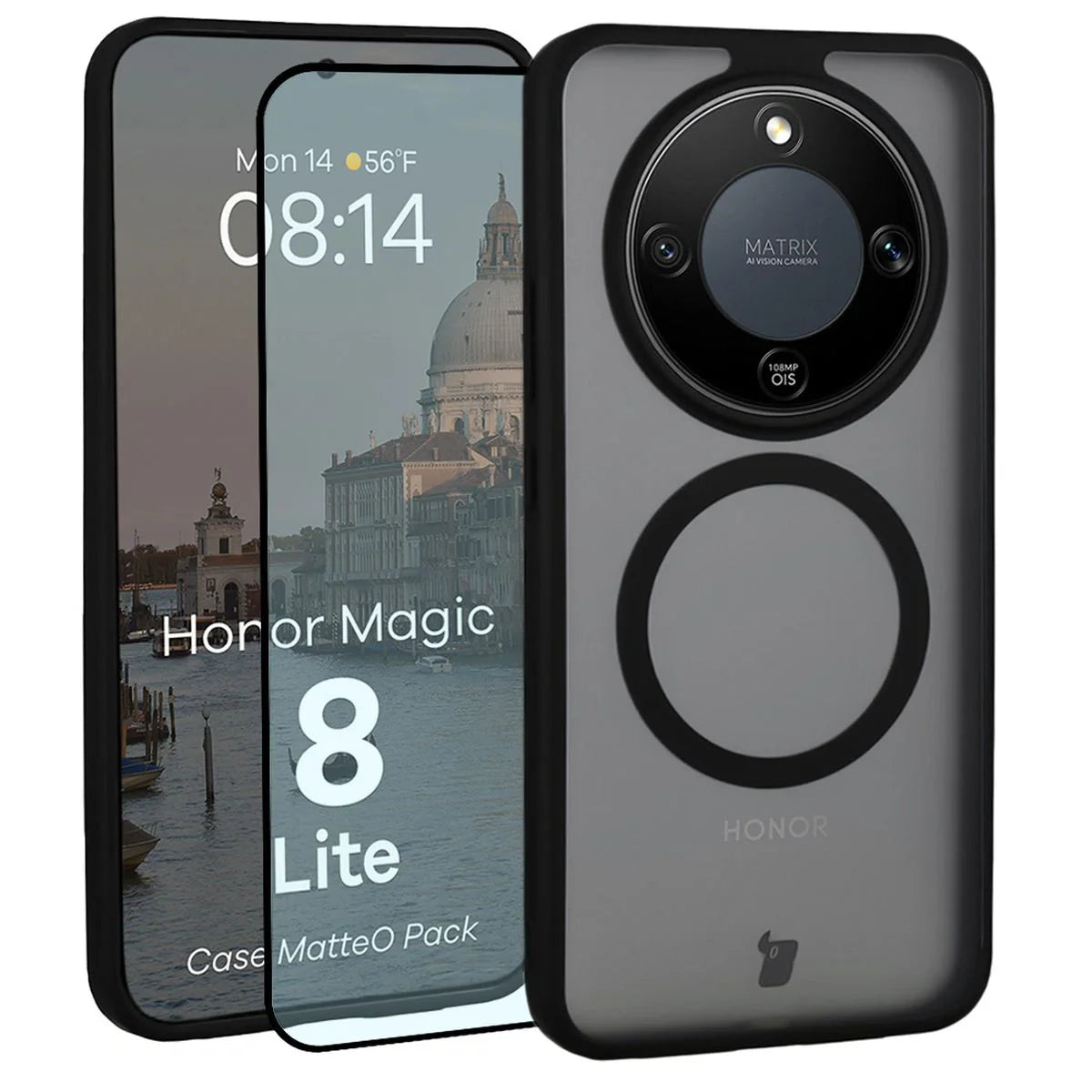 Schutzhülle mit Magnetring + gehärtetem Glas für Honor Magic8 Lite, Bizon MatteO Pack, Getönt-Schwarz