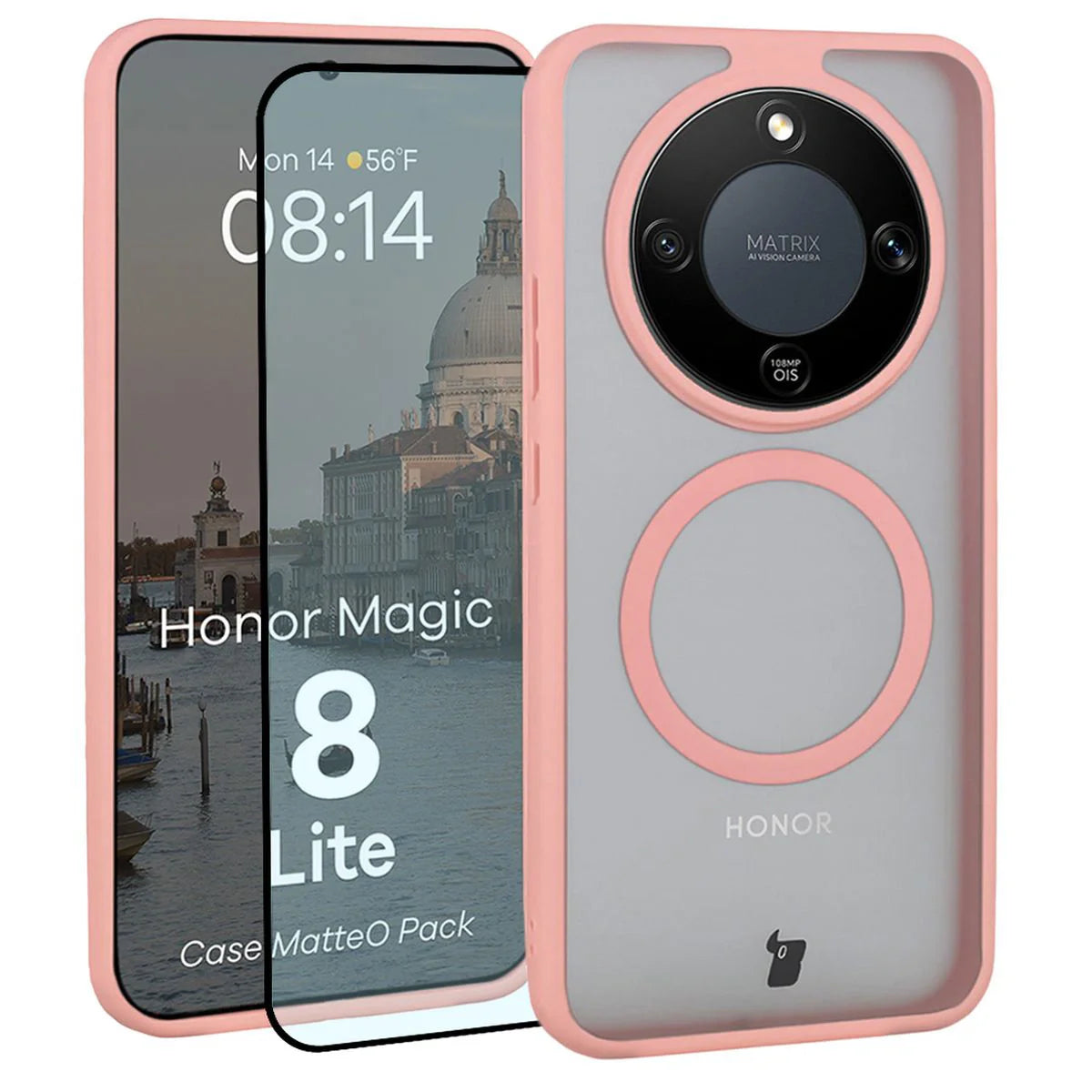 Schutzhülle mit Magnetring + gehärtetem Glas für Honor Magic8 Lite, Bizon MatteO Pack, Getönt-Hellrosa