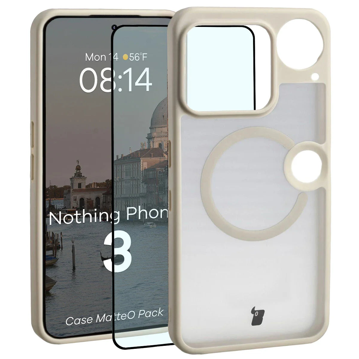 Schutzhülle mit Magnetring + gehärtetem Glas für Nothing Phone (3), Bizon MatteO Pack, Getönt-Beige