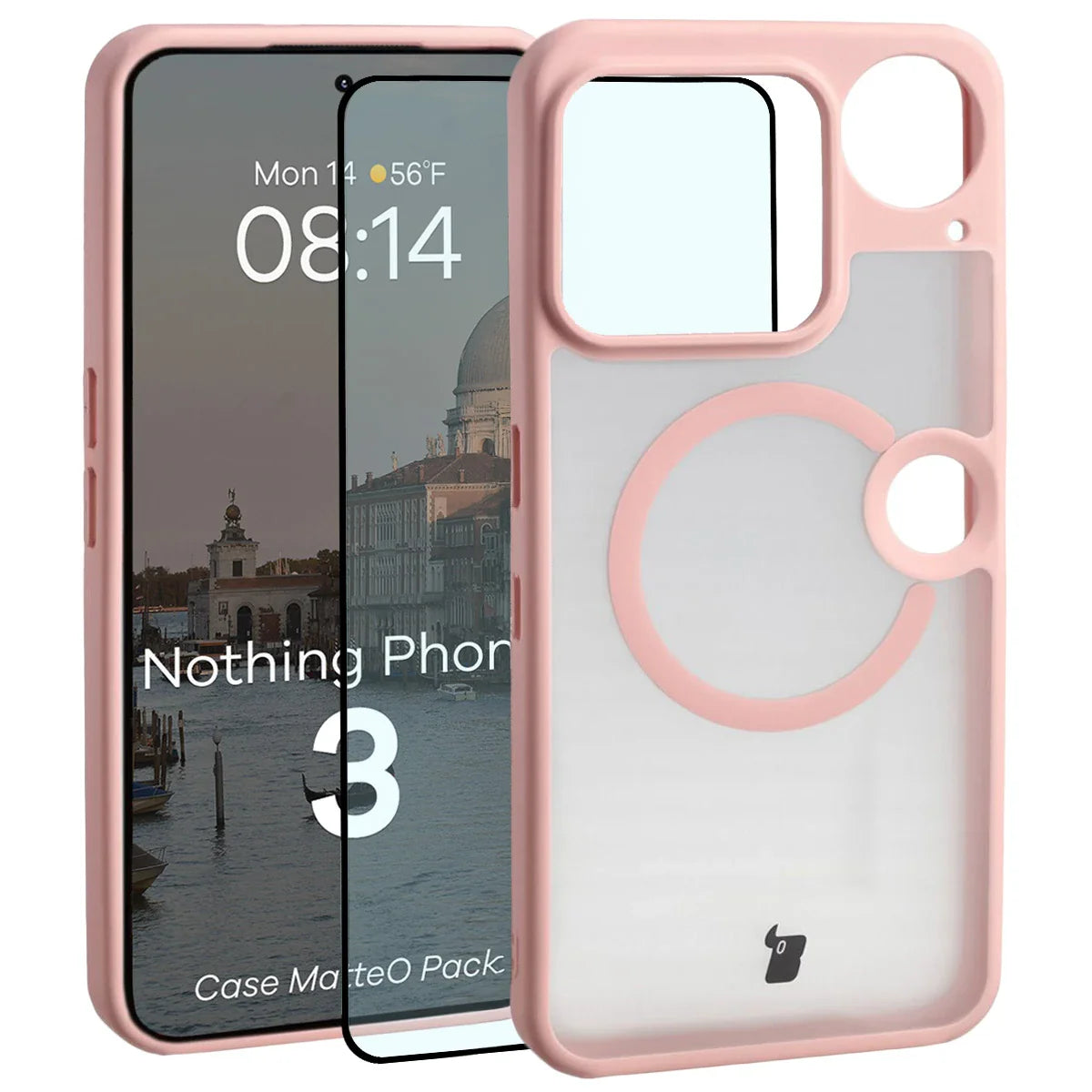 Schutzhülle mit Magnetring + gehärtetem Glas für Nothing Phone (3), Bizon MatteO Pack, Getönt-Hellrosa