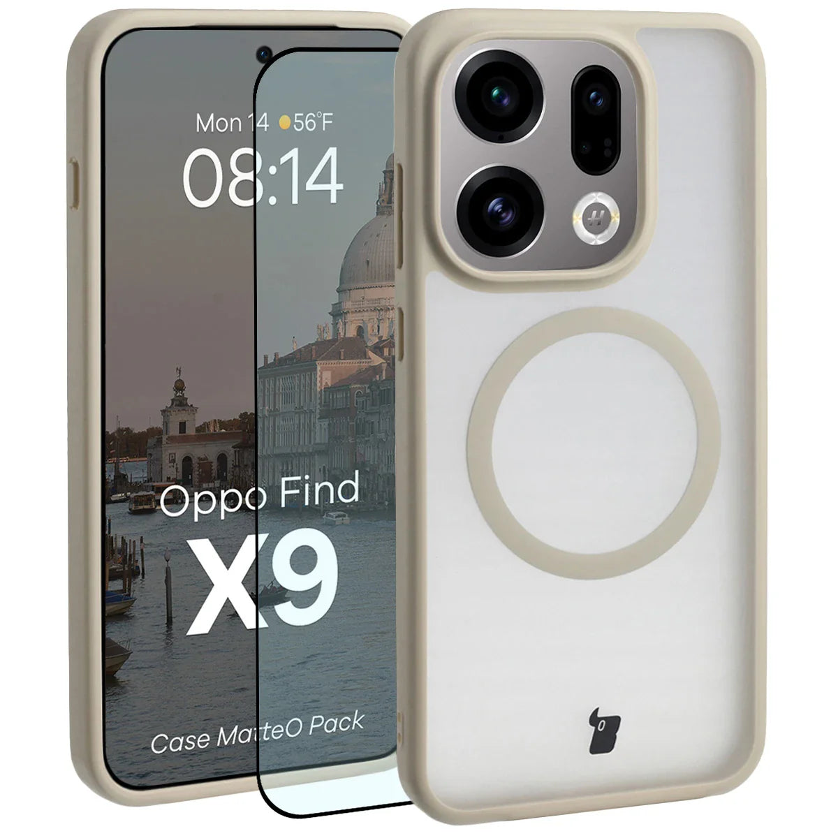Schutzhülle mit Magnetring + gehärtetem Glas für Oppo Find X9, Bizon MatteO Pack, Getönt-Beige