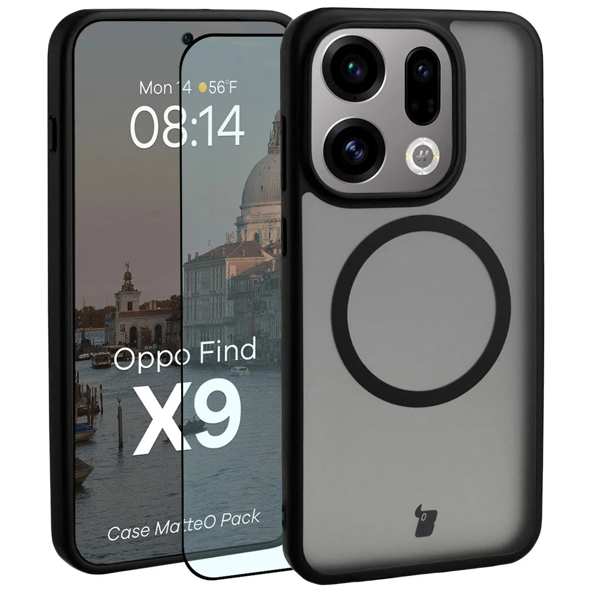 Schutzhülle mit Magnetring + gehärtetem Glas für Oppo Find X9, Bizon MatteO Pack, Getönt-Schwarz