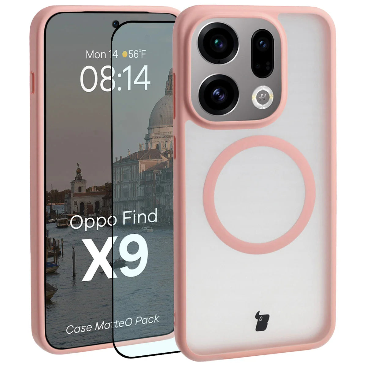 Schutzhülle mit Magnetring + gehärtetem Glas für Oppo Find X9, Bizon MatteO Pack, Getönt-Hellrosa