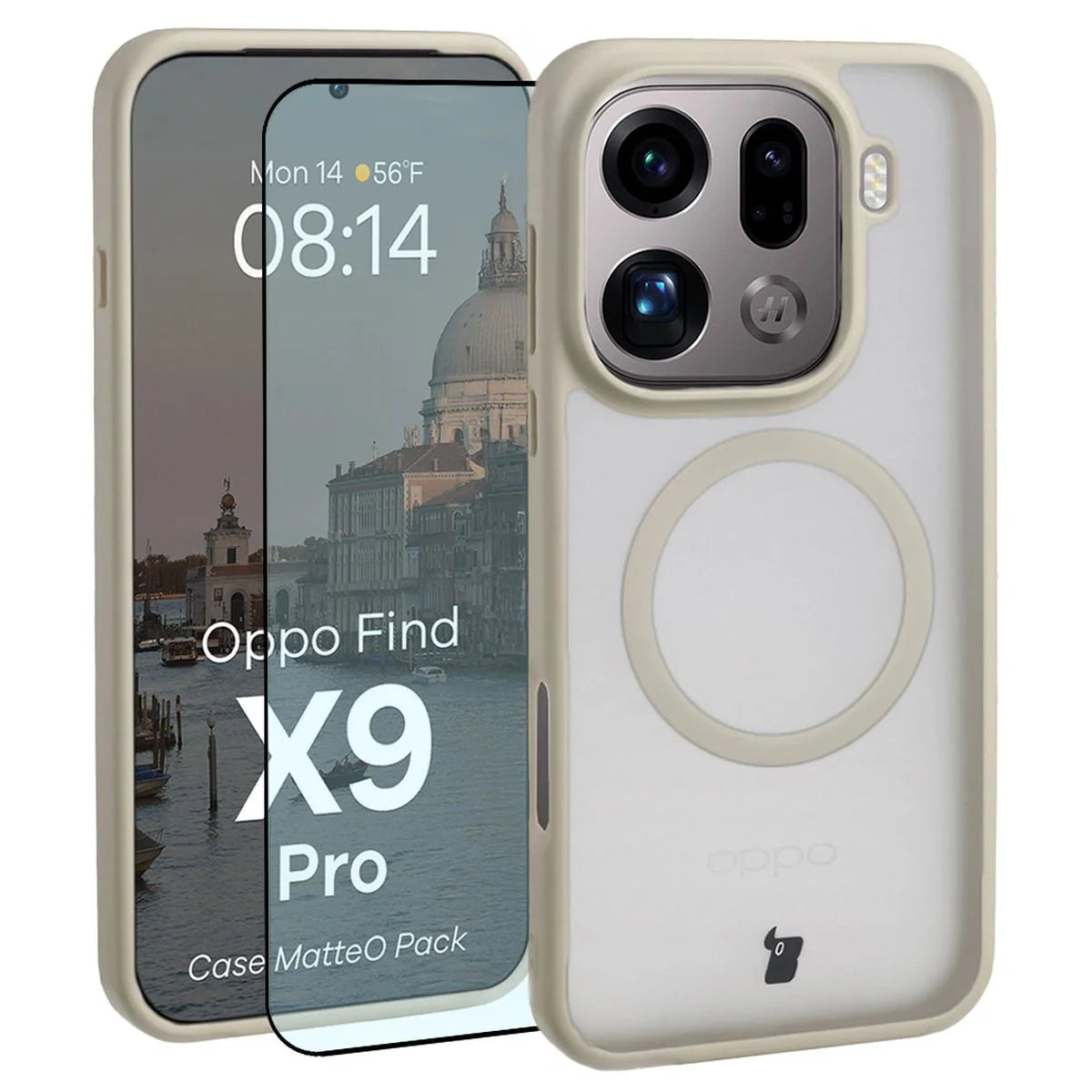 Schutzhülle mit Magnetring + gehärtetem Glas für Oppo Find X9 Pro, Bizon MatteO Pack, Getönt-Beige