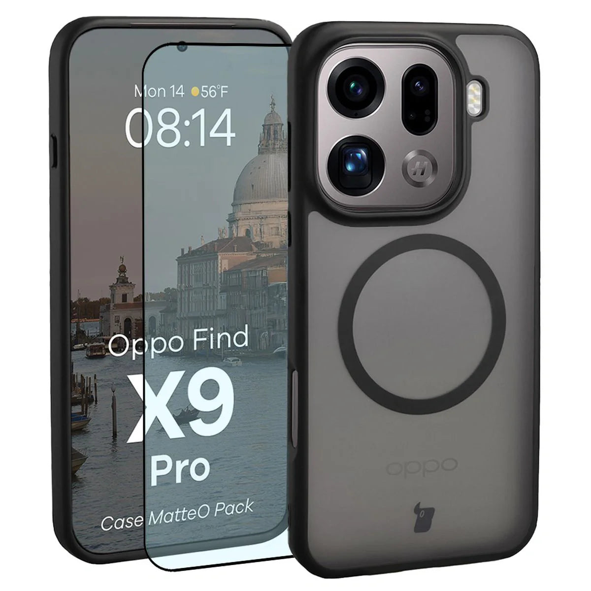 Schutzhülle mit Magnetring + gehärtetem Glas für Oppo Find X9 Pro, Bizon MatteO Pack, Getönt-Schwarz