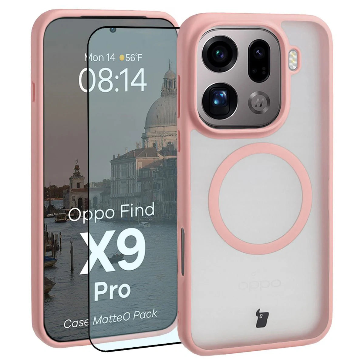 Schutzhülle mit Magnetring + gehärtetem Glas für Oppo Find X9 Pro, Getönt-Hellrosa