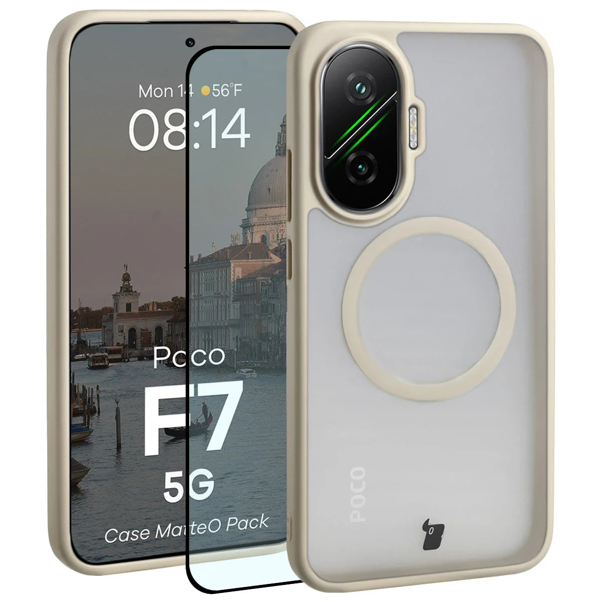Schutzhülle mit Magnetring + gehärtetem Glas für Xiaomi POCO F7, Bizon MatteO Pack, Getönt-Beige