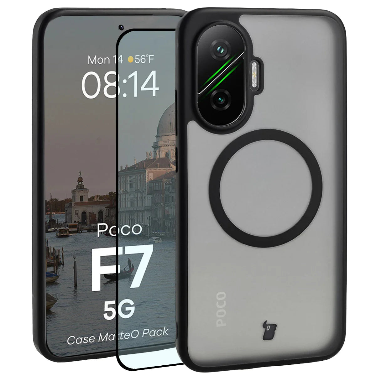 Schutzhülle mit Magnetring + gehärtetem Glas für Xiaomi POCO F7, Bizon MatteO Pack, Getönt-Schwarz