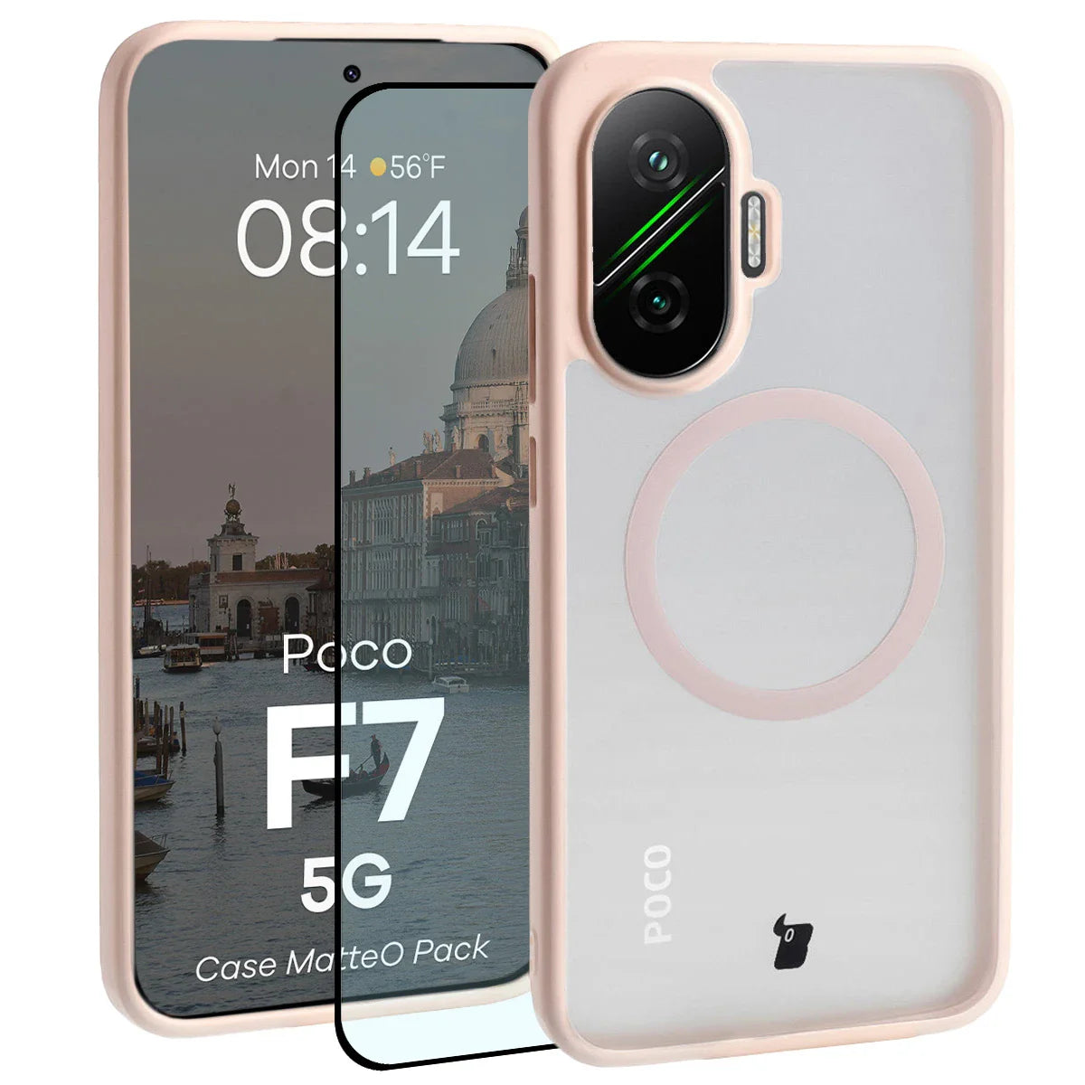 Schutzhülle mit Magnetring + gehärtetem Glas für Xiaomi POCO F7, Bizon MatteO Pack, Getönt-Rosa