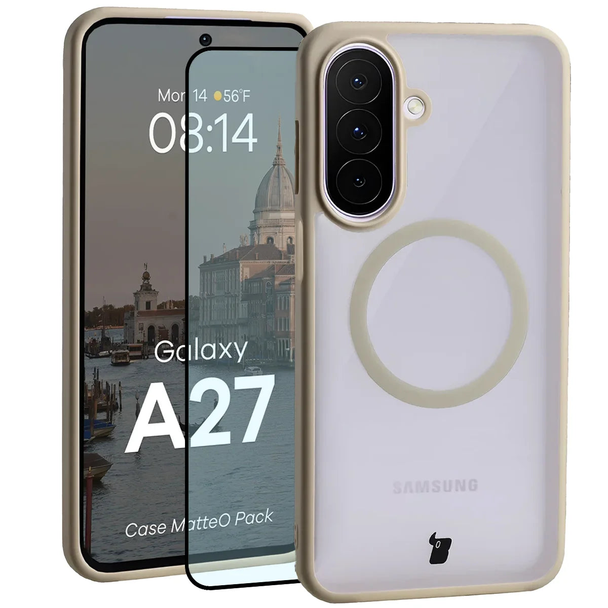 Schutzhülle mit Magnetring + gehärtetem Glas für Galaxy A27 5G, Bizon MatteO Pack, Getönt-Beige