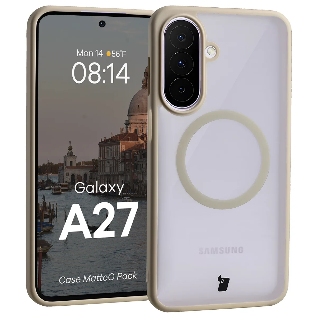 Schutzhülle mit Magnetring + gehärtetem Glas für Galaxy A27 5G, Bizon MatteO Pack, Getönt-Beige