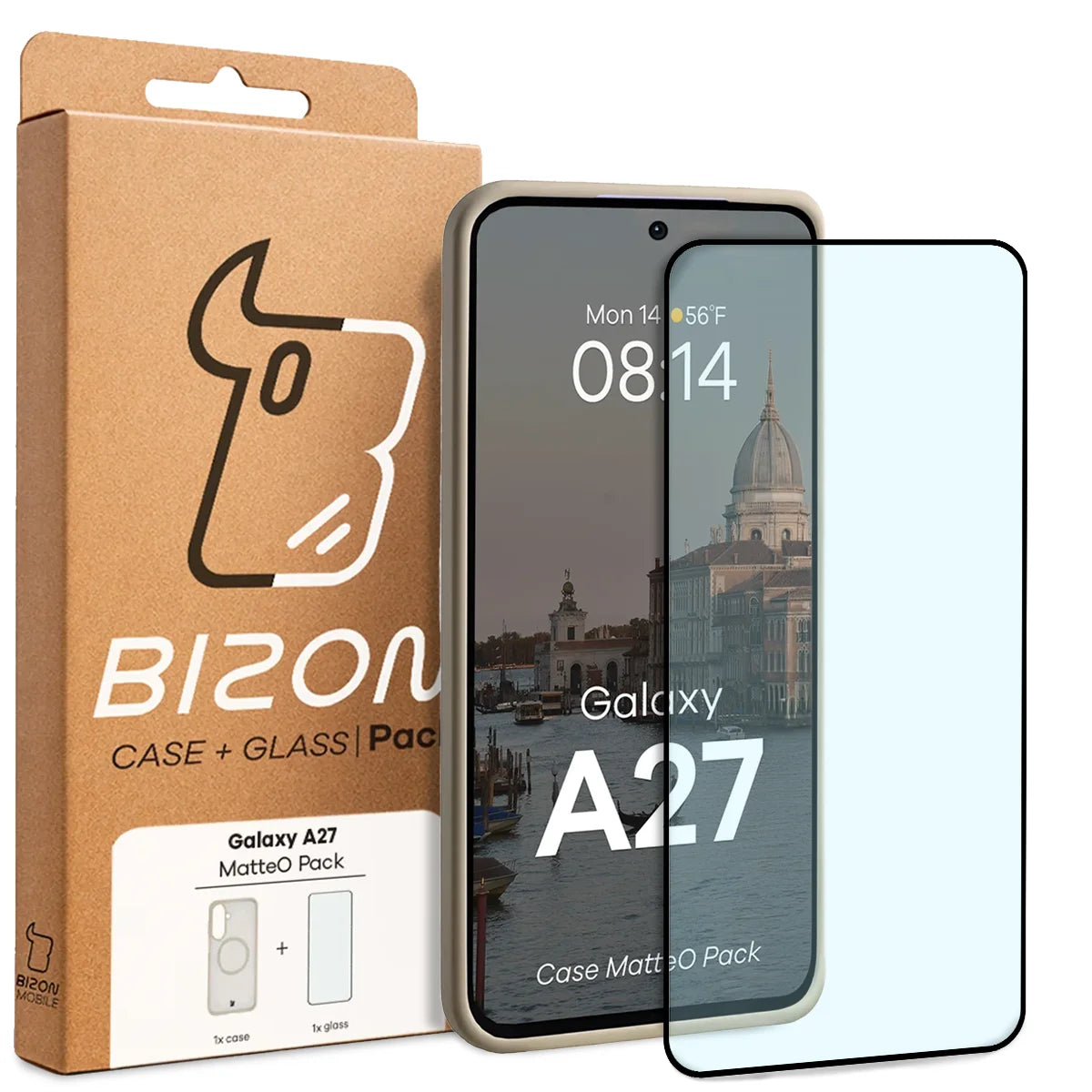 Schutzhülle mit Magnetring + gehärtetem Glas für Galaxy A27 5G, Bizon MatteO Pack, Getönt-Beige