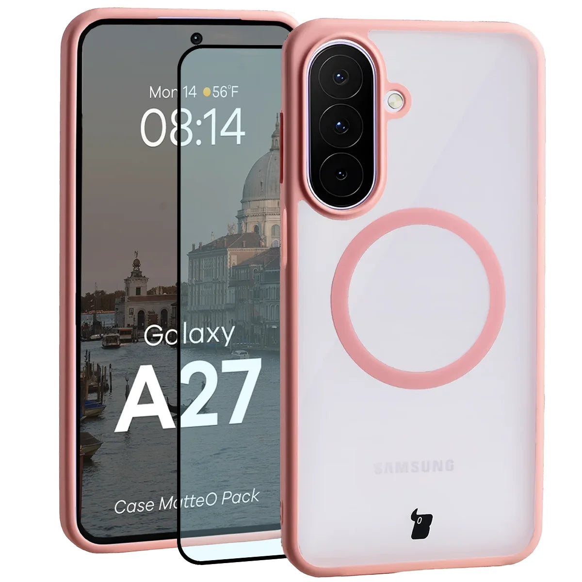 Schutzhülle mit Magnetring + gehärtetem Glas für Galaxy A27 5G, Bizon MatteO Pack, Getönt-Hellrosa