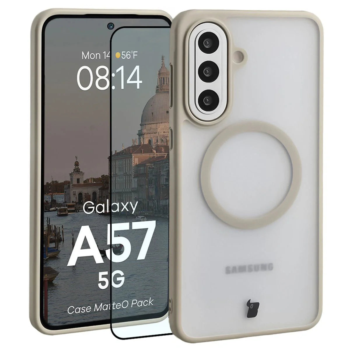 Schutzhülle mit Magnetring + gehärtetem Glas für Galaxy A57 5G, Bizon MatteO Pack, Getönt-Beige