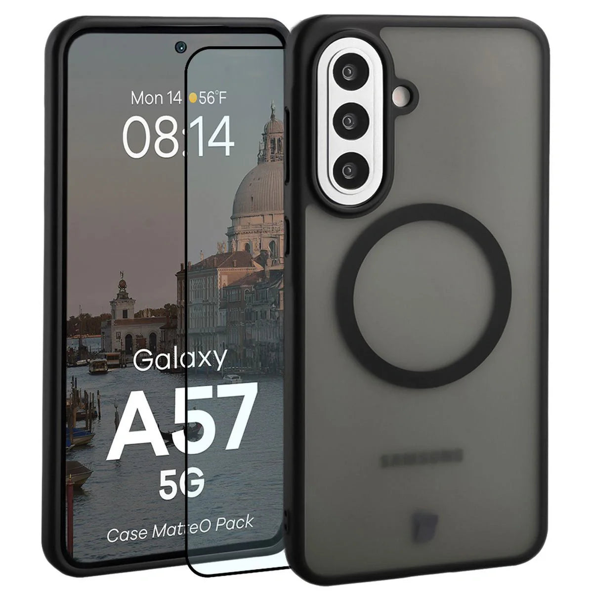Schutzhülle mit Magnetring + gehärtetem Glas für Galaxy A57 5G, Bizon MatteO Pack, Getönt-Schwarz
