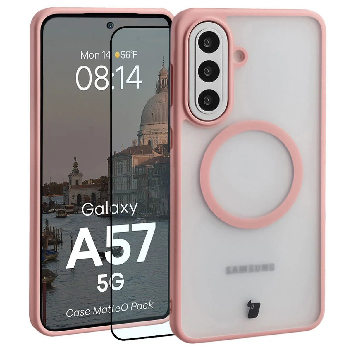 Schutzhülle mit Magnetring + gehärtetem Glas für Galaxy A57 5G, Bizon MatteO Pack, Getönt-Hellrosa