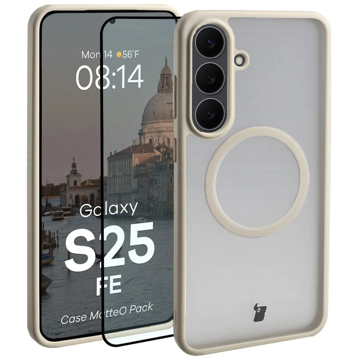 Schutzhülle mit Magnetring + gehärtetem Glas für Galaxy S25 FE, Bizon MatteO Pack, Getönt-Beige