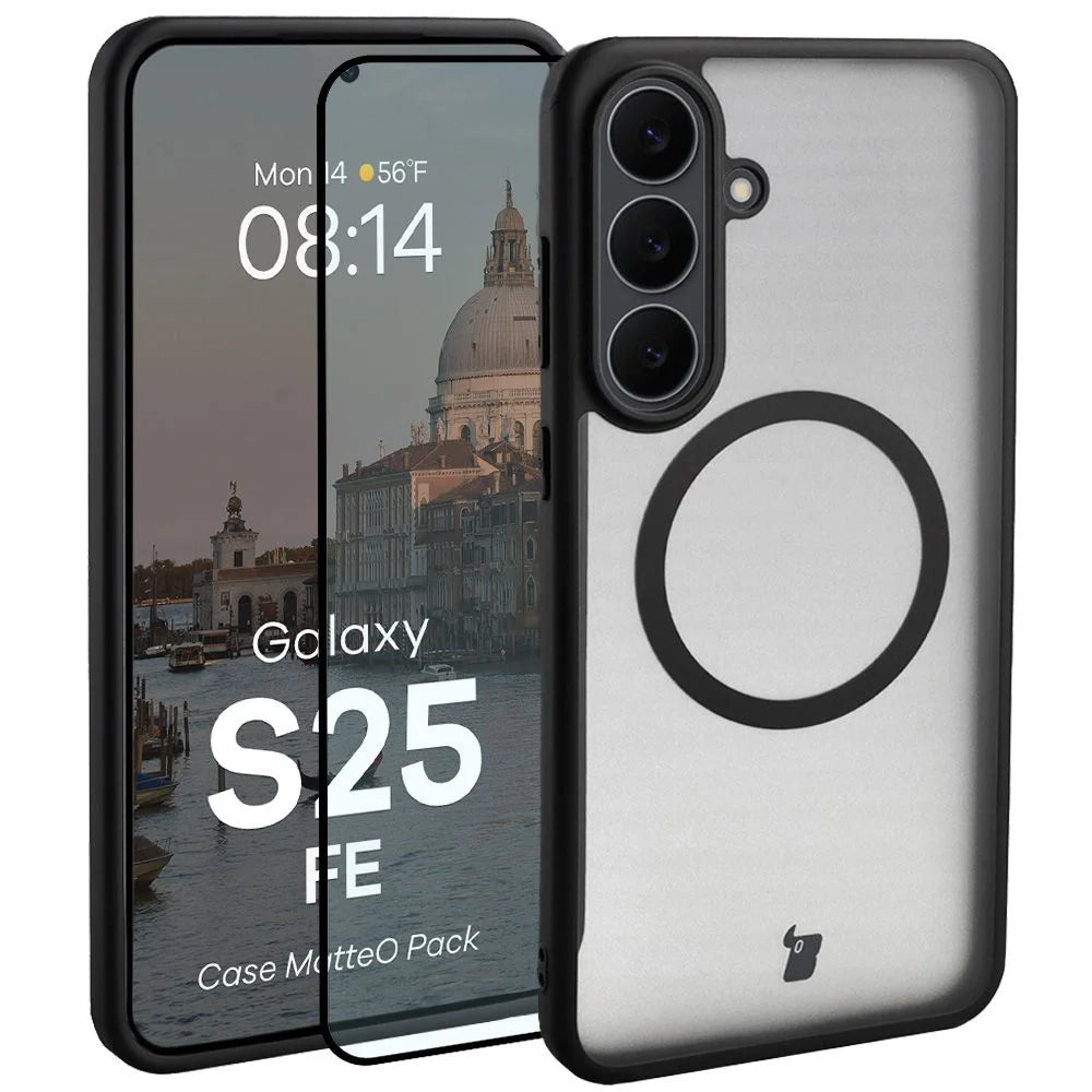 Schutzhülle mit Magnetring + gehärtetem Glas für Galaxy S25 FE, Bizon MatteO Pack, Getönt-Schwarz