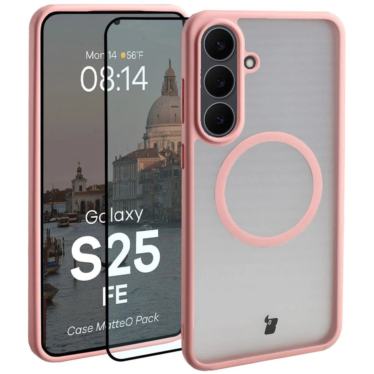 Schutzhülle mit Magnetring + gehärtetem Glas für Galaxy S25 FE, Bizon MatteO Pack, Getönt-Hellrosa