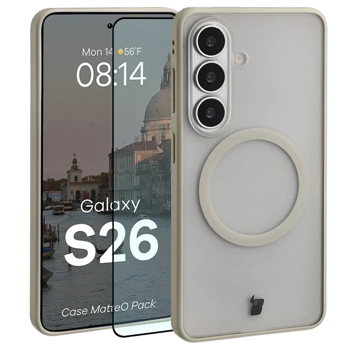 Schutzhülle mit Magnetring + gehärtetem Glas für Galaxy S26, Bizon MatteO Pack, Getönt-Beige