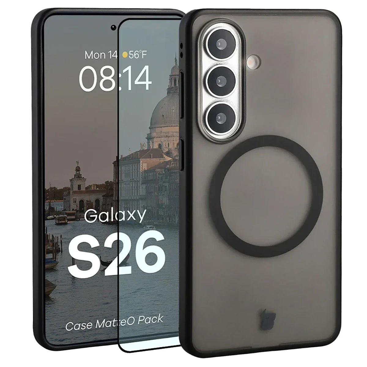 Schutzhülle mit Magnetring + gehärtetem Glas für Galaxy S26, Bizon MatteO Pack, Getönt-Schwarz