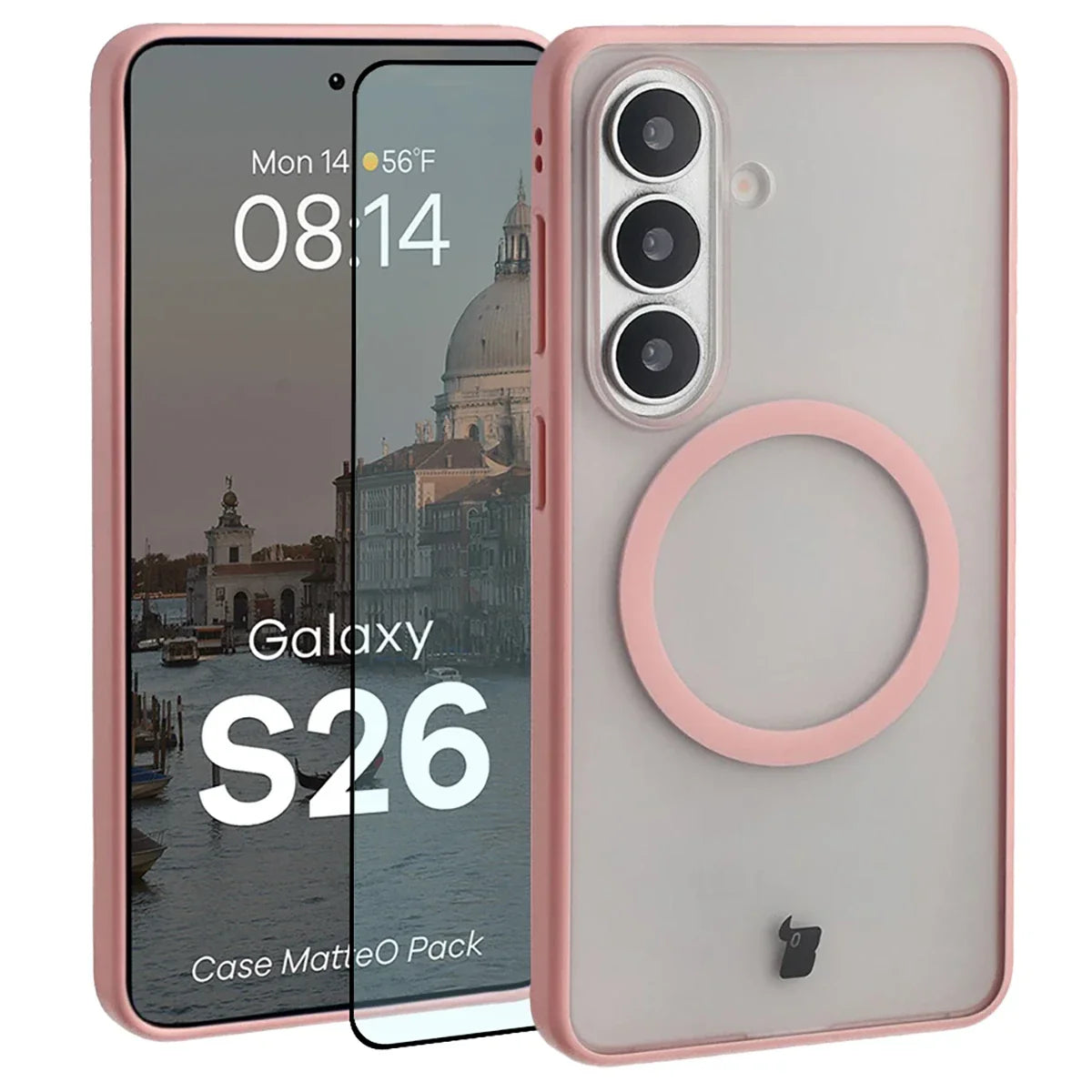 Schutzhülle mit Magnetring + gehärtetem Glas für Galaxy S26, Bizon MatteO Pack, Getönt-Hellrosa
