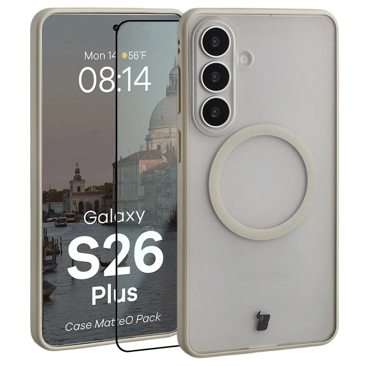 Schutzhülle mit Magnetring + gehärtetem Glas für Galaxy S26 Plus, Bizon MatteO Pack, Getönt-Beige