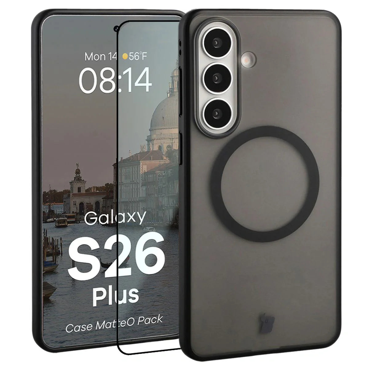 Schutzhülle mit Magnetring + gehärtetem Glas für Galaxy S26 Plus, Bizon MatteO Pack, Getönt-Schwarz